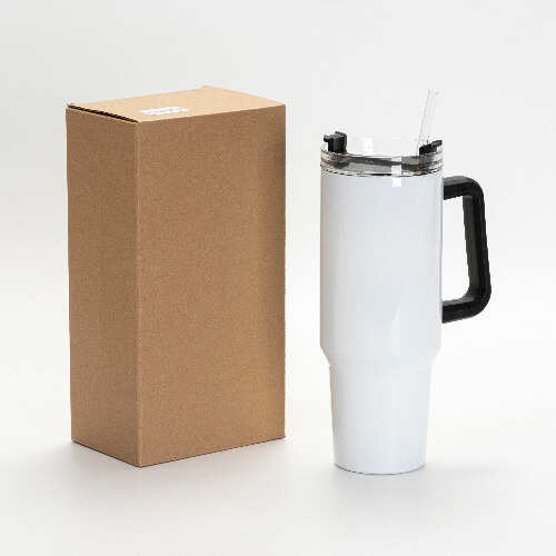 Taza de viaje de acero inoxidable de 1200 ml con tapa y pajita con auricular negro para sublimación - blanco