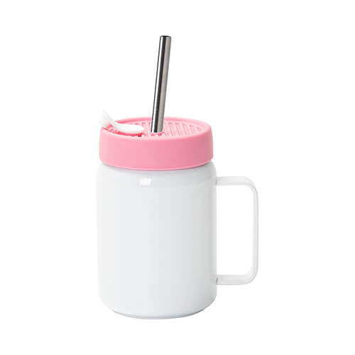 Mug en acier de 480 ml avec anse et couvercle en silicone rose pour sublimation