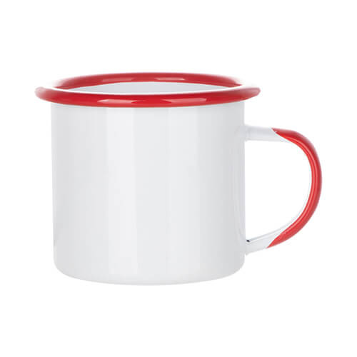 Taza esmaltada de 360 ml con borde rojo y asa de sublimación