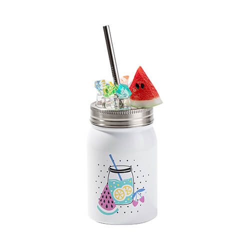 Mason Jar 500ml muki, jossa on olki sublimaatiota varten - valkoinen, keinotekoinen jää ja vesimeloni