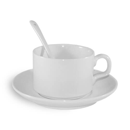 Taza blanca con platillo y cucharadita A + Transferencia Térmica por Sublimación