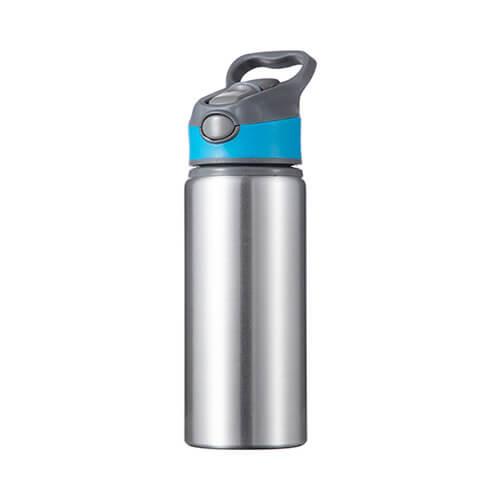 Aluminijeva steklenica 650 ml srebrne barve z vijačnim pokrovčkom z modrim sublimacijskim vložkom