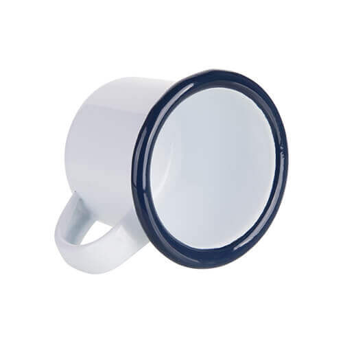 Emaljekrus 100 ml hvid med marineblå kant Sublimering med termisk overførsel