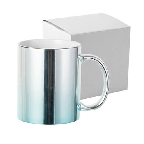 Mug plaqué 330 ml pour sublimation - dégradé bleu argenté avec une boîte en carton