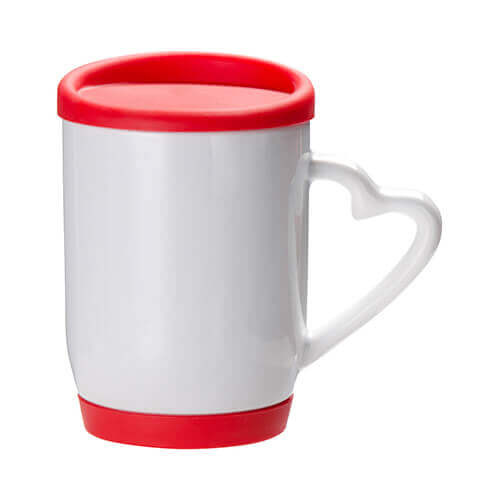 Taza de 360 ml con tapa de silicona roja y posavasos para impresión por sublimación