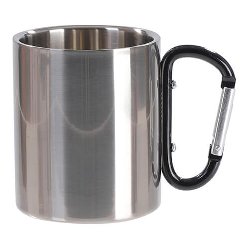 Taza metálica 300 ml para sublimación con asa negra y mosquetón - plata