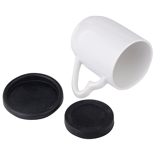 Taza de 360 ml con tapa de silicona negra y posavasos para impresión por sublimación