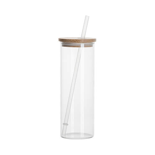 Sklenený hrnček 500 ml s bambusovým viečkom a slamkou na sublimáciu