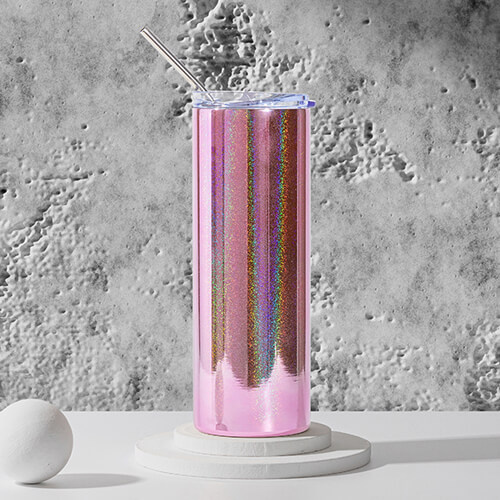 Mok van 600 ml met een rietje voor sublimatie - gemetalliseerd roze met glitter