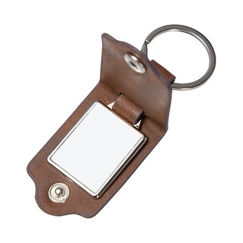 Rectangular metal keyring in a leather cover for sublimation - brown