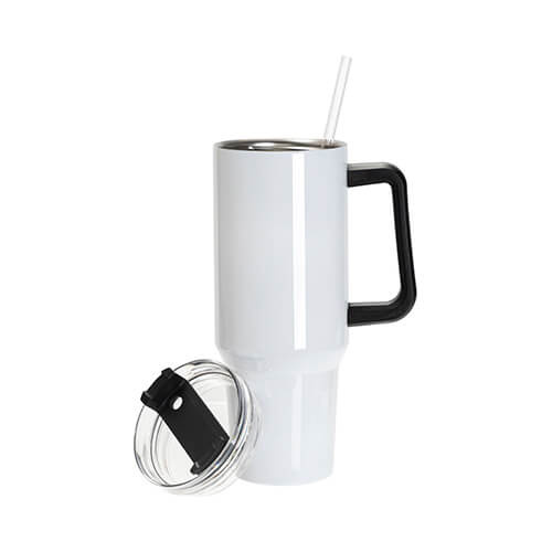 Stainless steel 1200 ml travel mug with lid and straw with black handle for sublimation - white
