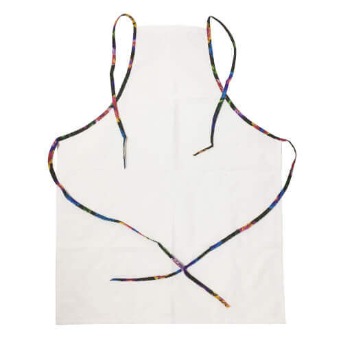 Keukenschort om te bedrukken - wit met gekleurde bies - zwarte Slavische bloemen