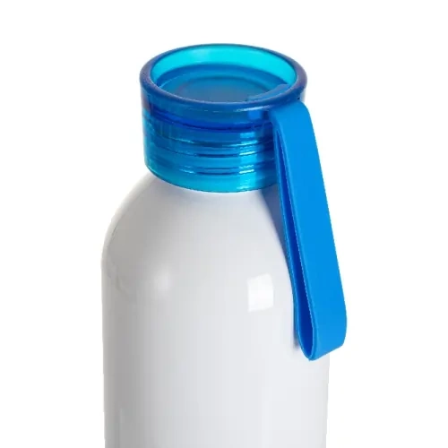 Sticlă sport din aluminiu alb de 750 ml cu capac albastru și bandă de sublimare