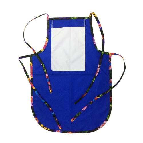 Tablier arrondi pour enfants avec poche pour sublimation - bleu avec passepoil coloré - Fleurs noires slaves