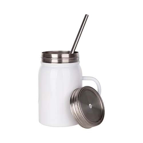 Κούπα Mason Jar 500ml με καλαμάκι και λαβή για εξάχνωση - λευκό