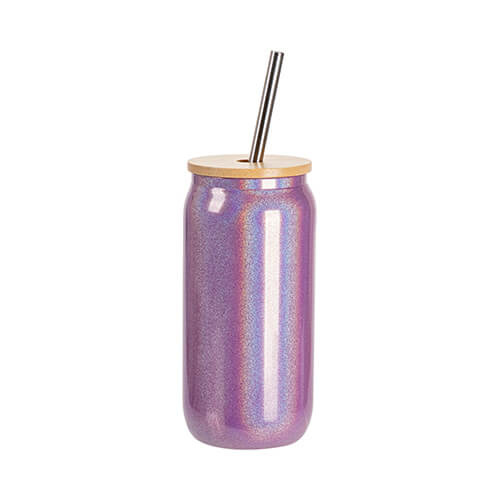 Een 550 ml glas met een rietje en een bamboe deksel voor sublimatie - paars glitter