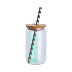 Un vaso de 400 ml con pajita y tapa de bambú para sublimación - azul iridiscente