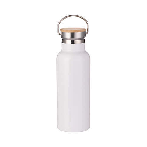 Ruostumattomasta teräksestä valmistettu 500ml termospullo, jossa on bambukorkki sublimaatiota varten - valkoinen