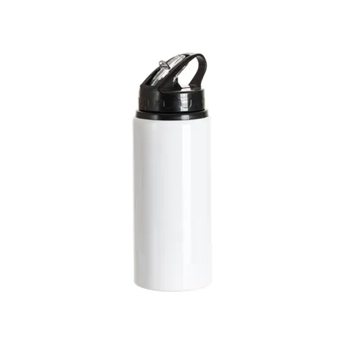 Aluminum bottle with mouthpiece 600 ml white with black cap and handle for sublimation