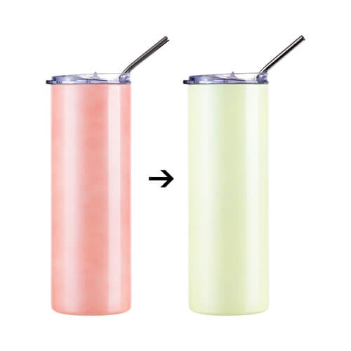 Cană de 600 ml cu pai pentru sublimare - își schimbă culoarea sub acțiunea căldurii din portocaliu în galben