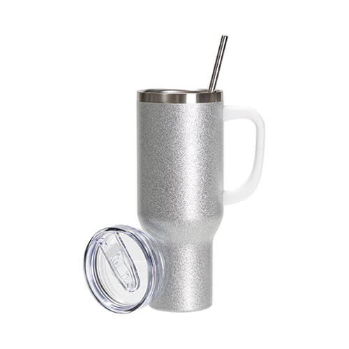 Brokāta nerūsējošā tērauda krūze 1200 ml ar vāciņu un salmiņu sublimācijai - sudraba krāsā