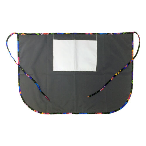 Klasisks virtuves priekšauts ar apdrukājamu kabatu - pelēks ar krāsainām līnijām - melni slāvu ziedi