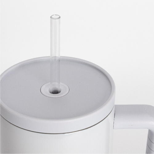 Mug de voyage en acier inoxydable 1200 ml avec poignée et paille - blanc cendré