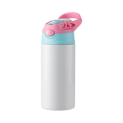 A 360 ml children's water bottle made of stainless steel for sublimation -white with blue-pink screw cap