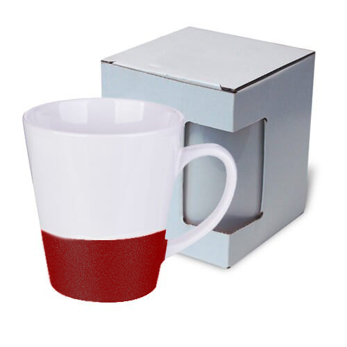 Taza Latte 300 ml con franja de purpurina para sublimación - roja + caja de cartón KAR3