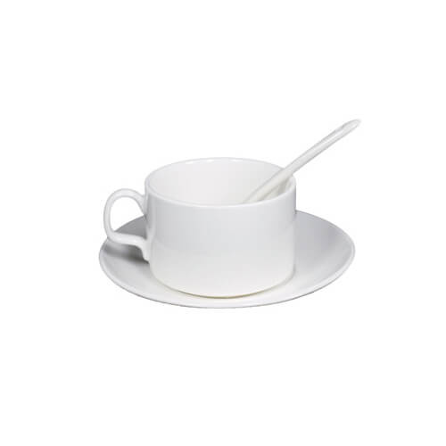 Taza blanca con platillo y cucharadita A + Transferencia Térmica por Sublimación