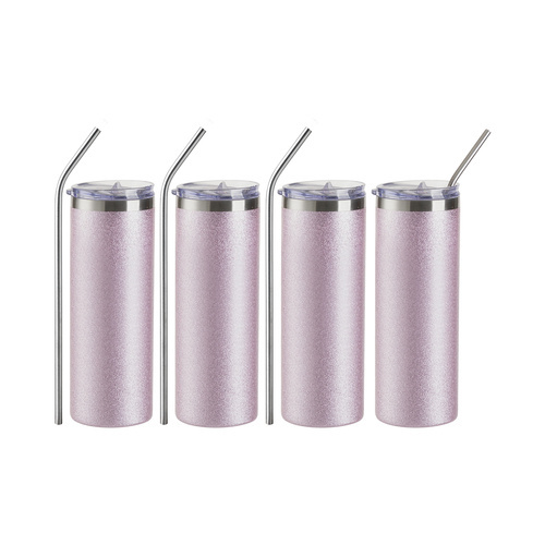 4 krūzīšu komplekts ar salmiņu 600ml Glitter apdrukājams - rozā krāsā