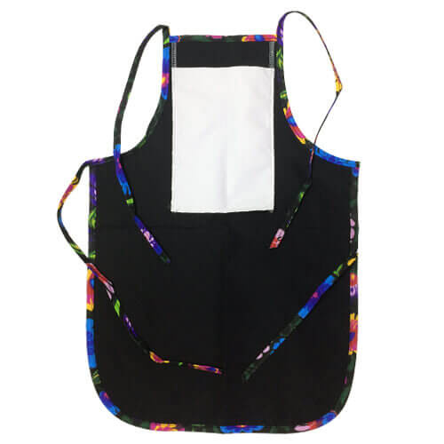 Children's rounded apron with pocket for sublimation - black with colorful trimming - Black Slavic flowers