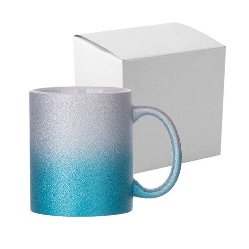 Mug 330 ml with glitter for sublimation with a cardboard box - blue-silver gradient