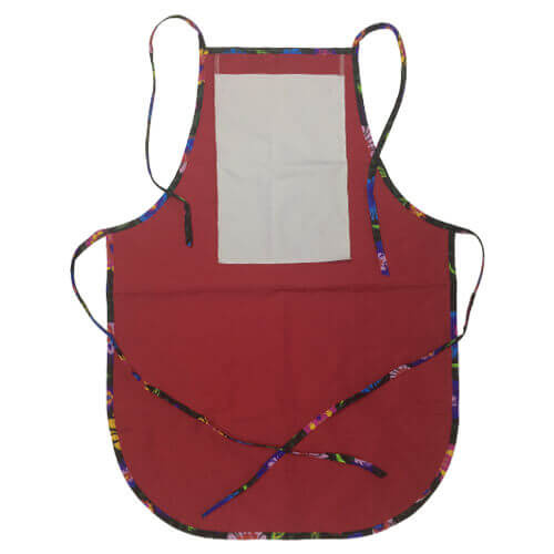 Afgerond keukenschort met bedrukbare zak - rood met gekleurde biezen - zwarte Slavische bloemen