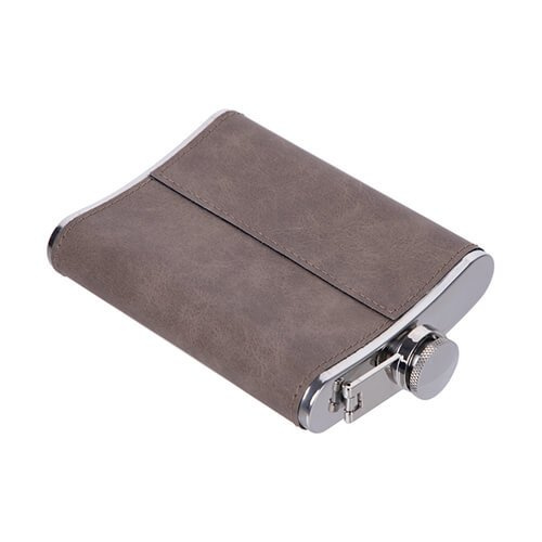 Petaca de metal de 240 ml con funda de piel gris para sublimación