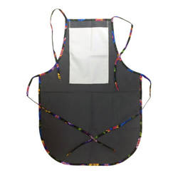 Rounded apron with pocket for sublimation - grey with colorful trimming - Black Slavic flowers