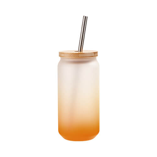 550ml matiran kozarec s slamico in pokrovom iz bambusa za sublimacijo - oranžni gradient