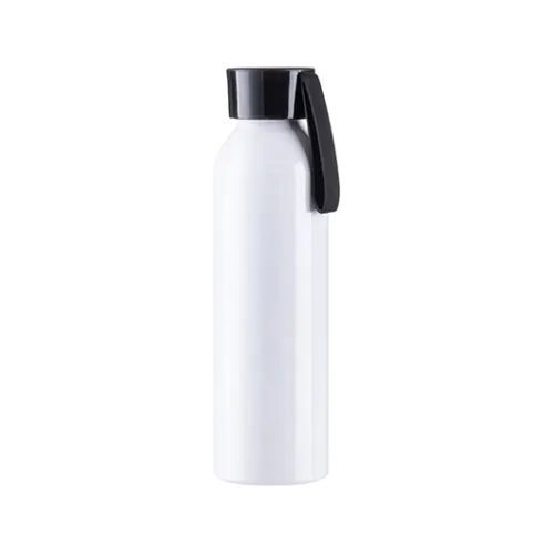 Aliuminio sportinis butelis 650 ml baltos spalvos su juodu dangteliu ir sublimacine juostele