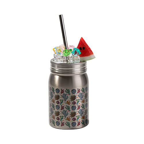 Hrnček Mason Jar 500 ml so slamkou na sublimáciu - strieborný, umelý ľad a melón