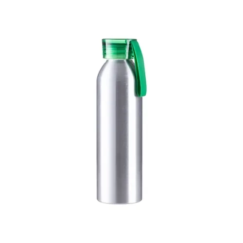 Alumīnija sporta pudele 650ml sudraba krāsā ar zaļu vāciņu un sublimācijas joslu