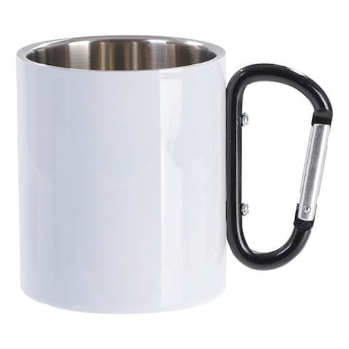 Kovový hrnček 300 ml na sublimáciu s čiernym uchom na karabínu - biely