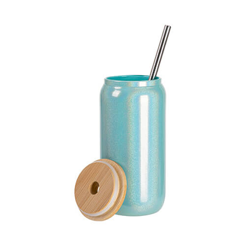 550 ml glas med sugerør og bambuslåg til sublimering - Blå glitter