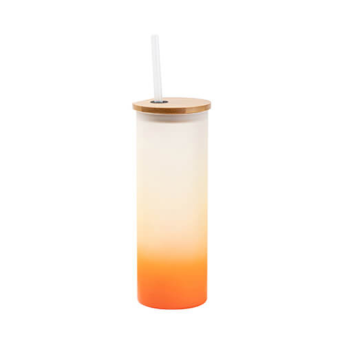 Een matte mok van 500 ml met een deksel van bamboe en een rietje voor sublimatie - oranje verloop