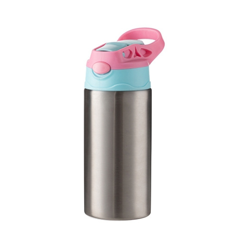 Une bouteille d'eau pour enfants de 360 ml en acier inoxydable pour la sublimation - Argent avec bouchon à vis bleu-rose