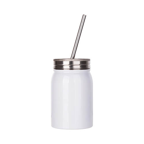 Cană Mason Jar 500ml cu pai pentru sublimare - alb