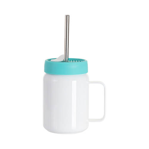 Stalen mok 480 ml met handvat en groen siliconen deksel voor sublimatie