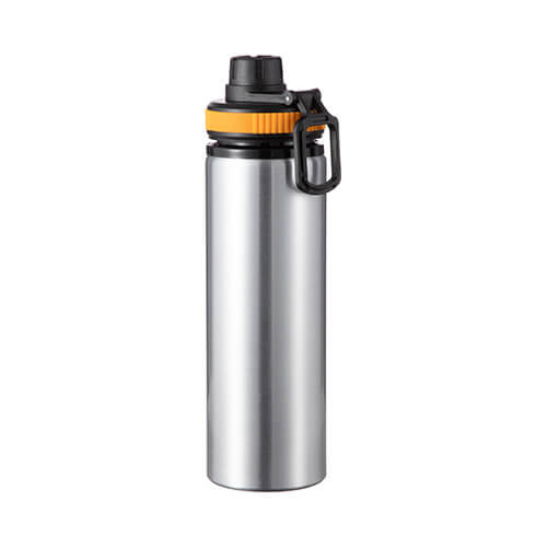 850 ml hopeinen alumiinipullo, jossa on kierrekorkki ja oranssi sublimaatioinsertti