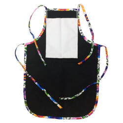 Children's rounded apron with pocket for sublimation - black with colorful trimming - White Slavic flowers