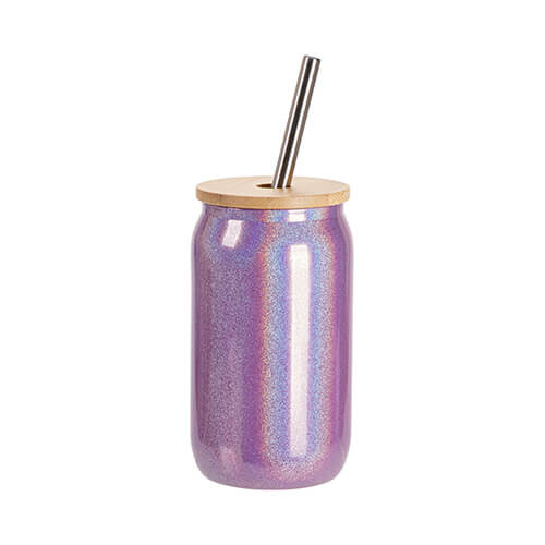 Pahar de 400 ml cu pai și capac de bambus pentru sublimare - sclipici violet