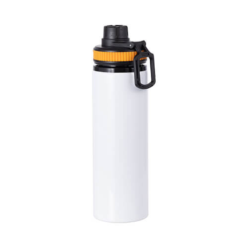850 ml valkoinen alumiinipullo, jossa on ruuvikorkki, jossa on oranssi insertti sublimaatiota varten